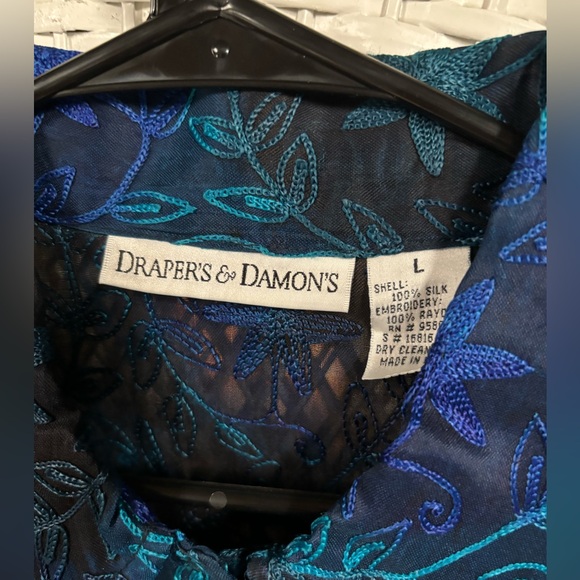 DRAPERS & DAMONS SILK TOP BLACK ROYAL BLUE & TEAL BROCADE WOMENS BLOUSE SZ L - Picture 3 of 9